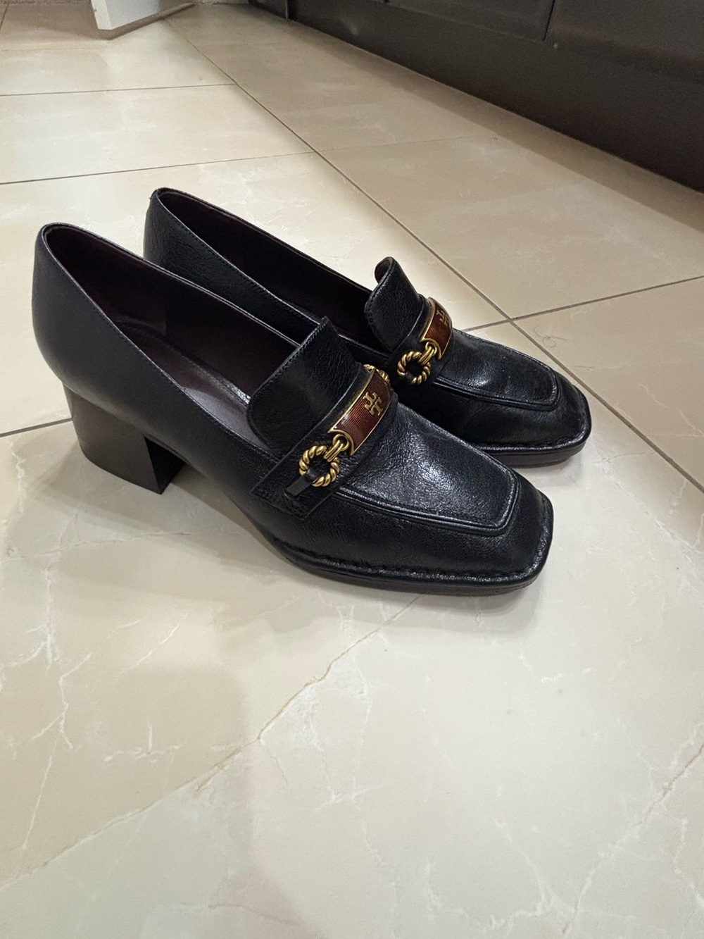 Tory Burch Black Leather Heeled Loafers with Gold Accent